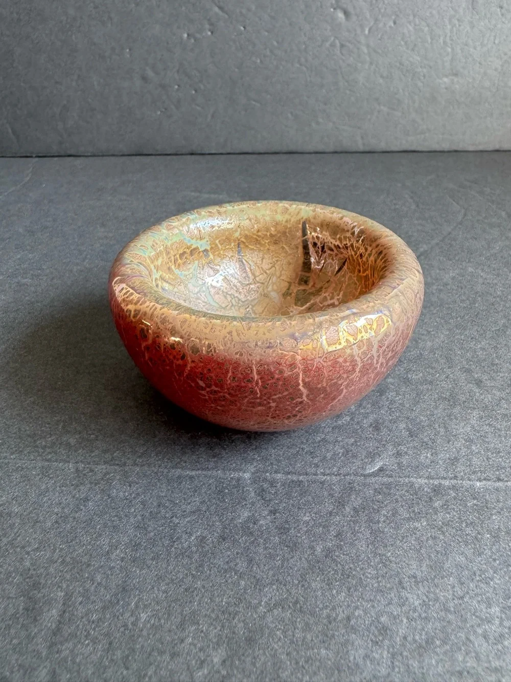 Vintage Art Glass Bowl Iridescent Crackle Red Gold Barovier Style Votive Holder